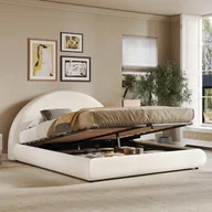 Łóżka - Łóżko dwuosobowe 180x200 cm tapicerowane tkaniną pętelkową w kolorze beżowym z dnem z listew i hydraulicznym schowkiem - miniaturka - grafika 1