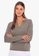 Swetry damskie - Sweter damski z dekoltem V-neck z wiskozy i nylonu ciemny beż - miniaturka - grafika 1