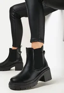 Botki damskie - Czarne Botki Sztyblety na Obcasie z Łańcuchem i Elastyczną Wstawką Alessyndra - miniaturka - grafika 1