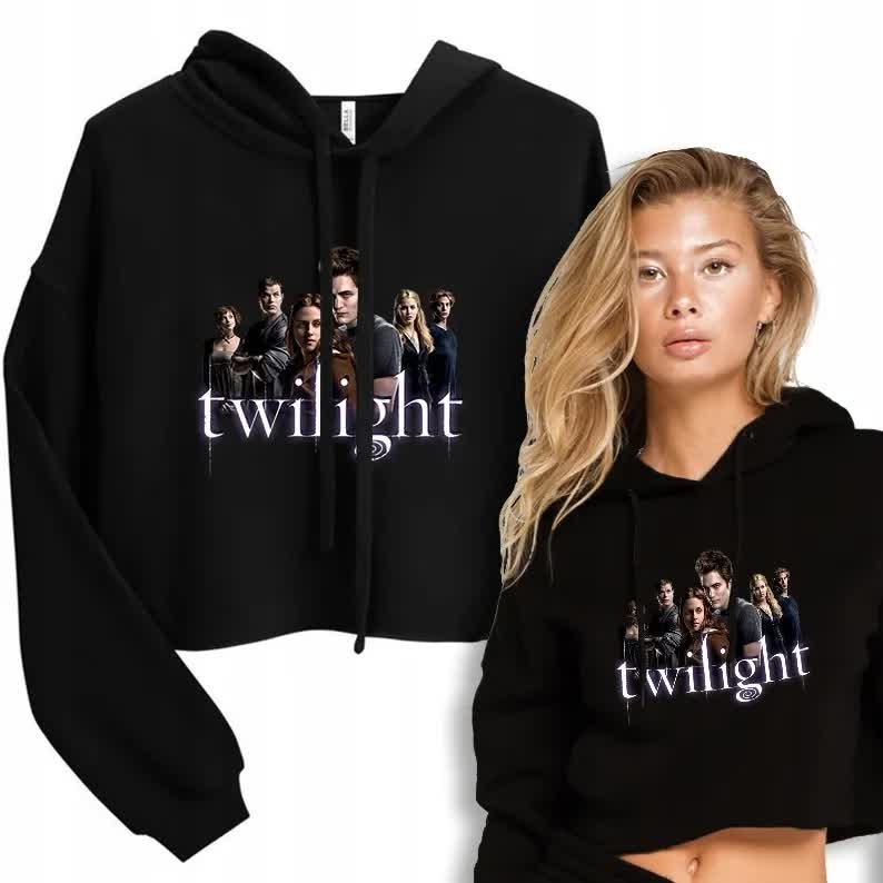 BLUZA CROPPED Z KAPTUREM Krótka Damska Czarna Dla Fana TWILIGHT Wzory - M