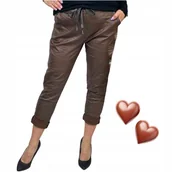 Spodnie damskie - Spodnie gnieciuchy biodra skóra skórki kieszenie czekolada 4XL 5XL 46 48 - miniaturka - grafika 1