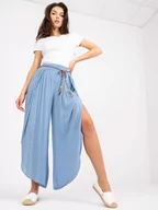 Spodnie damskie - Spodnie z materiału jasny niebieski boho materiałowe nogawka szeroka wiązanie - miniaturka - grafika 1