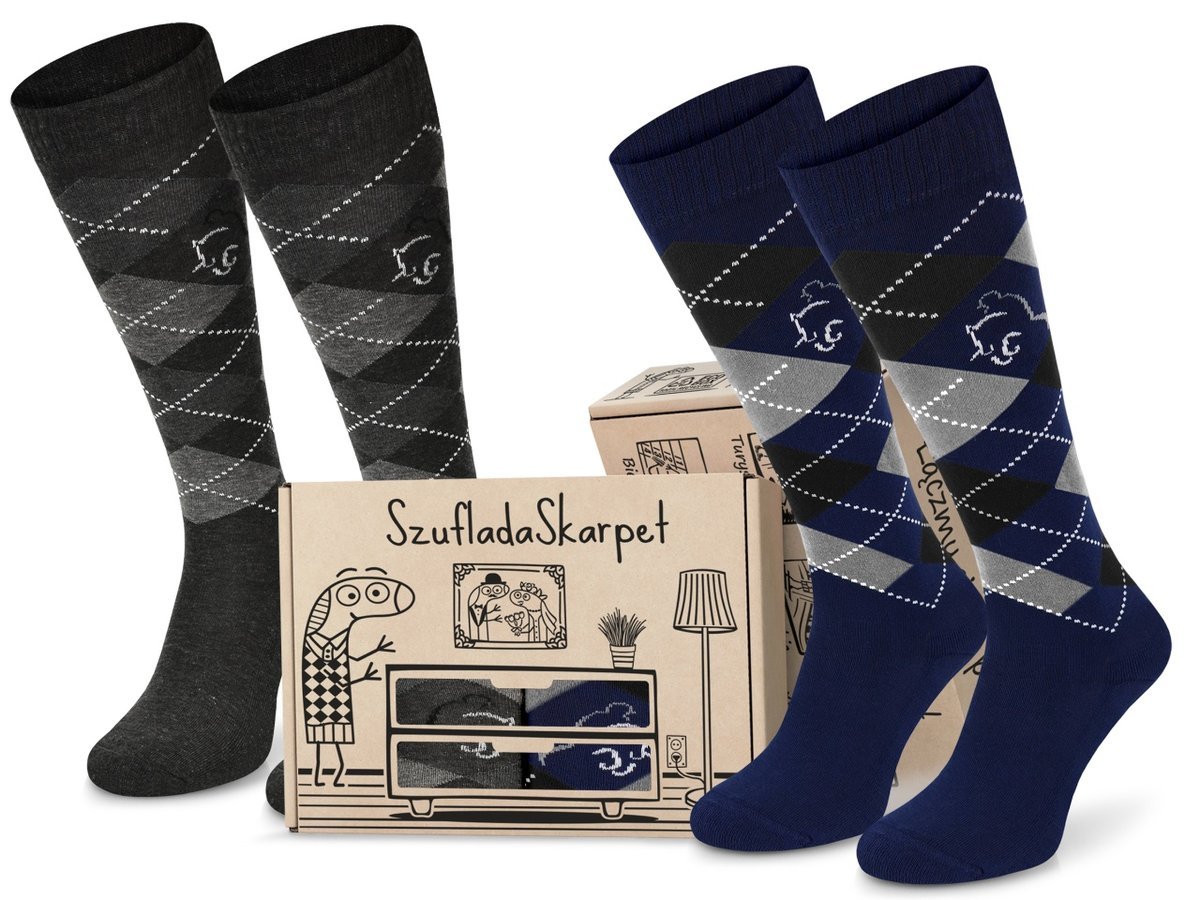 Cienkie Bawełniane Podkolanówki Jeździeckie Comodo Spdj - Zestaw 2 Par W Romby, Uniseks, Rozm. 31-34, Granat, Szary, Prezentowe, Wiosna/lato