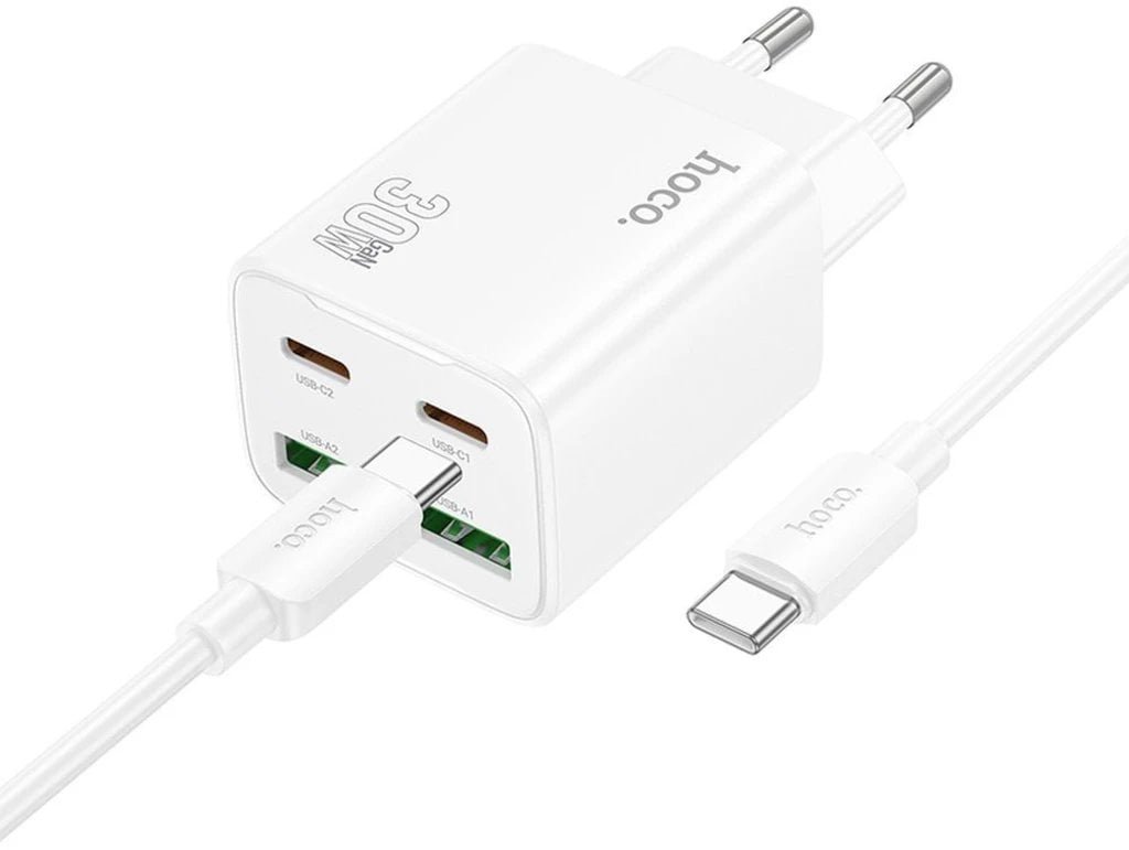 Ładowarka sieciowa do telefonu Hoco 2 x USB C + 2 x USB A QC3.0 PD 3A 30W + kabel USB C do USB C N56 biała