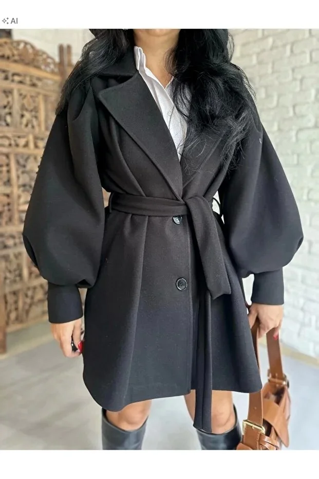 ELEGANCKI CZARNY PŁASZCZ Z PUFIASTYMI RĘKAWAMI M 5IA