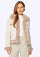Kurtki damskie - Damska kurtka z domieszką lnu i sztucznym futerkiem beżowa - miniaturka - grafika 1