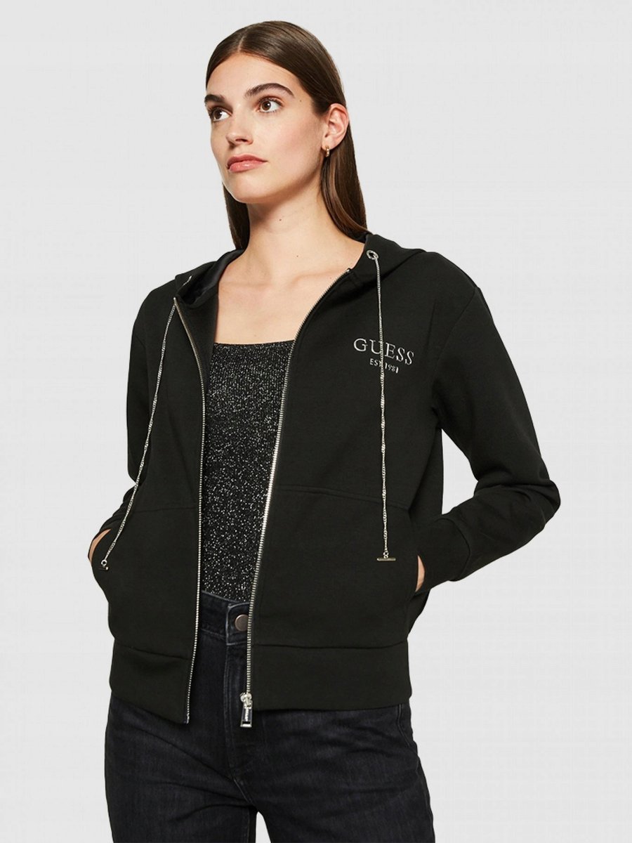 GUESS CZARNA BLUZA DAMSKA Z KAPTUREM I NAPISAMI S 1GŁA