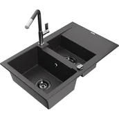 Zlewozmywaki z baterią - Mexen Gaspar zlewozmywak granitowy 1,5-komorowy z ociekaczem i baterią kuchenną Flora, czarny nakrapiany - miniaturka - grafika 1