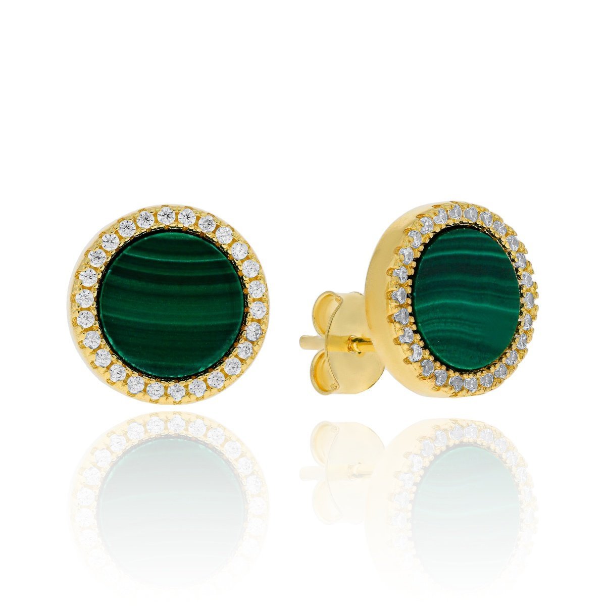 Srebrne pozłacane kolczyki kółeczka z malachitem i cyrkoniami sztyfty pr. 925