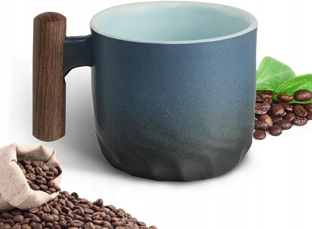 Ceramiczna Filiżanka Do Espresso Kawy Herbaty Drewniany Uchwyt Niebieski