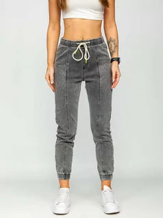 Spodnie damskie - Grafitowe spodnie z cekinami jeansowe damskie mom fit Denley BF108 - grafika 1