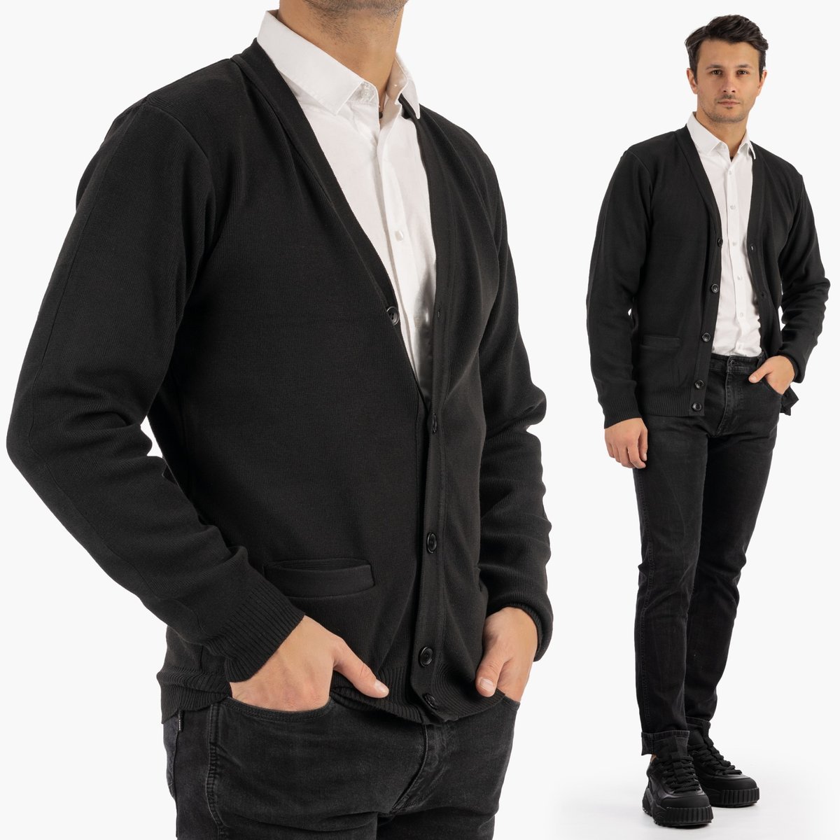 Sweter Męski Rozpinany Klasyczny Elegancki Wygodny Na Guziki Czarny MUST L Czarny