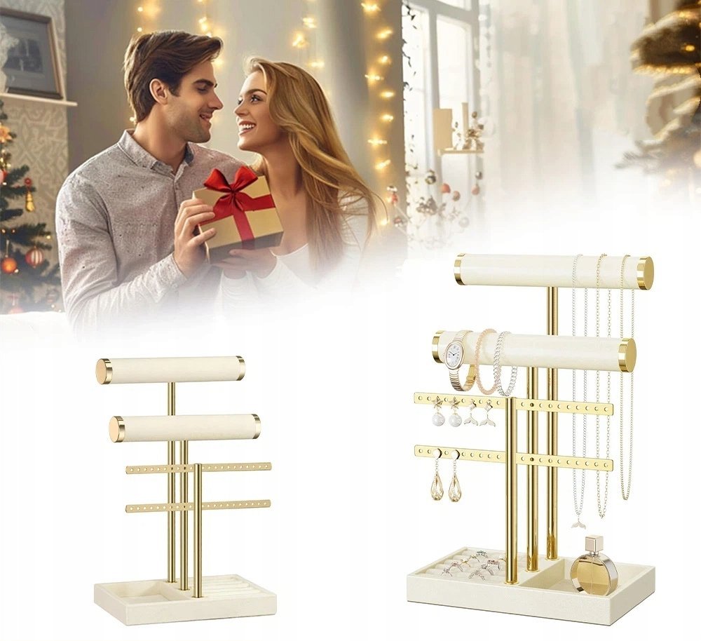 STOJAK NA BIŻUTERIĘ WELUROWY EKSPOZYTOR BRANSOLETKI BEŻOWY 4-POZIOMOWY