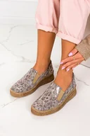 Półbuty damskie - Szare półbuty z gumką slip on na koturnie metalizowane polska skóra Casu 0575 - miniaturka - grafika 1