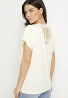 Koszulki i topy damskie - Żółty Bawełniany T-shirt Nietoperz z Perłami i Koronką Eleziria - miniaturka - grafika 1