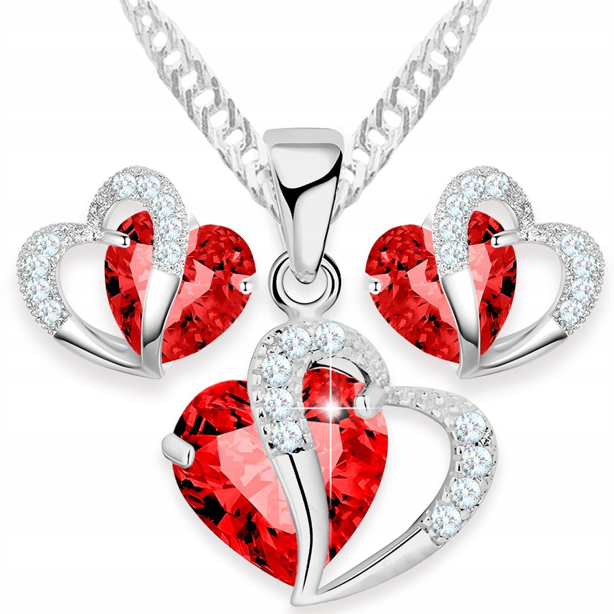 Zestaw Srebrny Naszyjnik i Kolczyki Czerwone Kryształowe Serca SREBRO 925