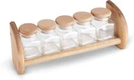 Pojemniki kuchenne - Półka drewniana z 5 pojemnikami szklanymi na przyprawy kuchenna z drewna - miniaturka - grafika 1