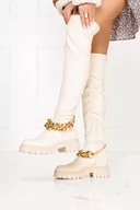 Kozaki damskie - Beżowe kozaki za kolano na platformie z elastyczną cholewką ze złotym łańcuchem Casu J21X14-BE-39 - miniaturka - grafika 1