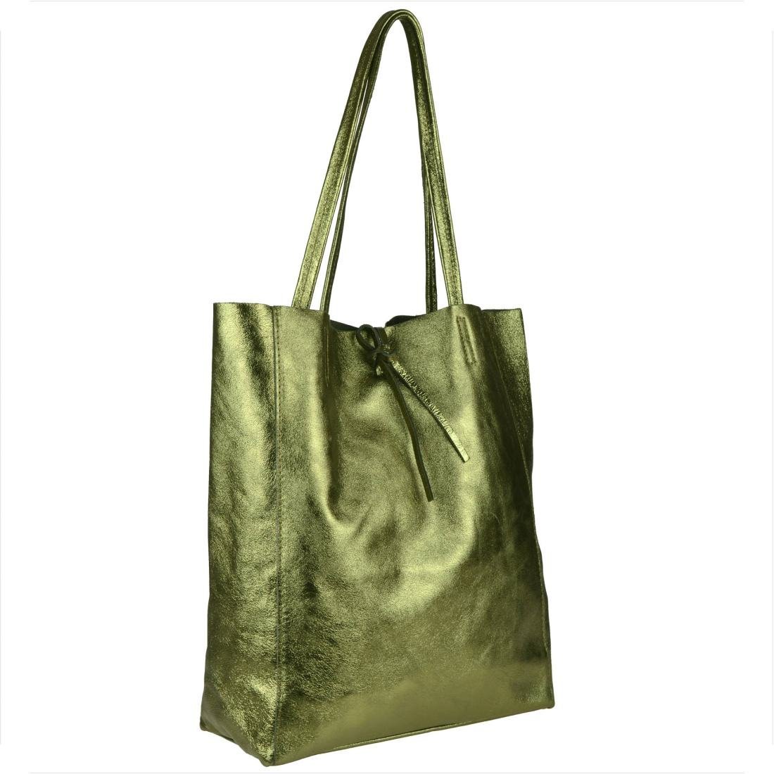 Torebka skórzana lekka shopper zieleń oliwkowa metaliczna