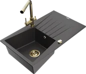 Zlewozmywaki z baterią - Mexen Cesar zlewozmywak granitowy 1-komorowy z ociekaczem i baterią kuchenną Duero, czarny nakrapiany - 6514-76-671600-50 - miniaturka - grafika 1