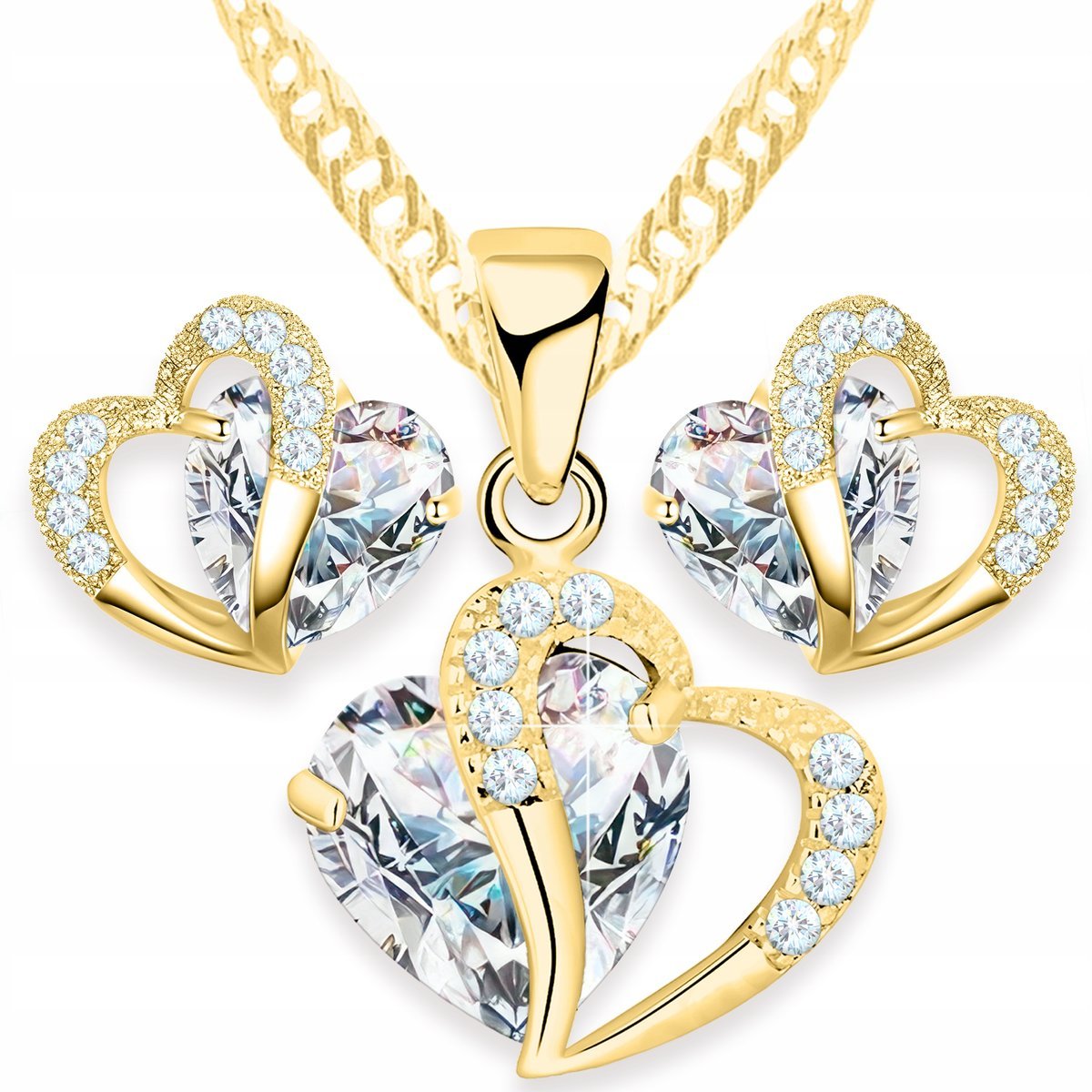 Zestaw Złoty Naszyjnik Serce i Kolczyki Białe Kryształowe Serca SREBRO 925