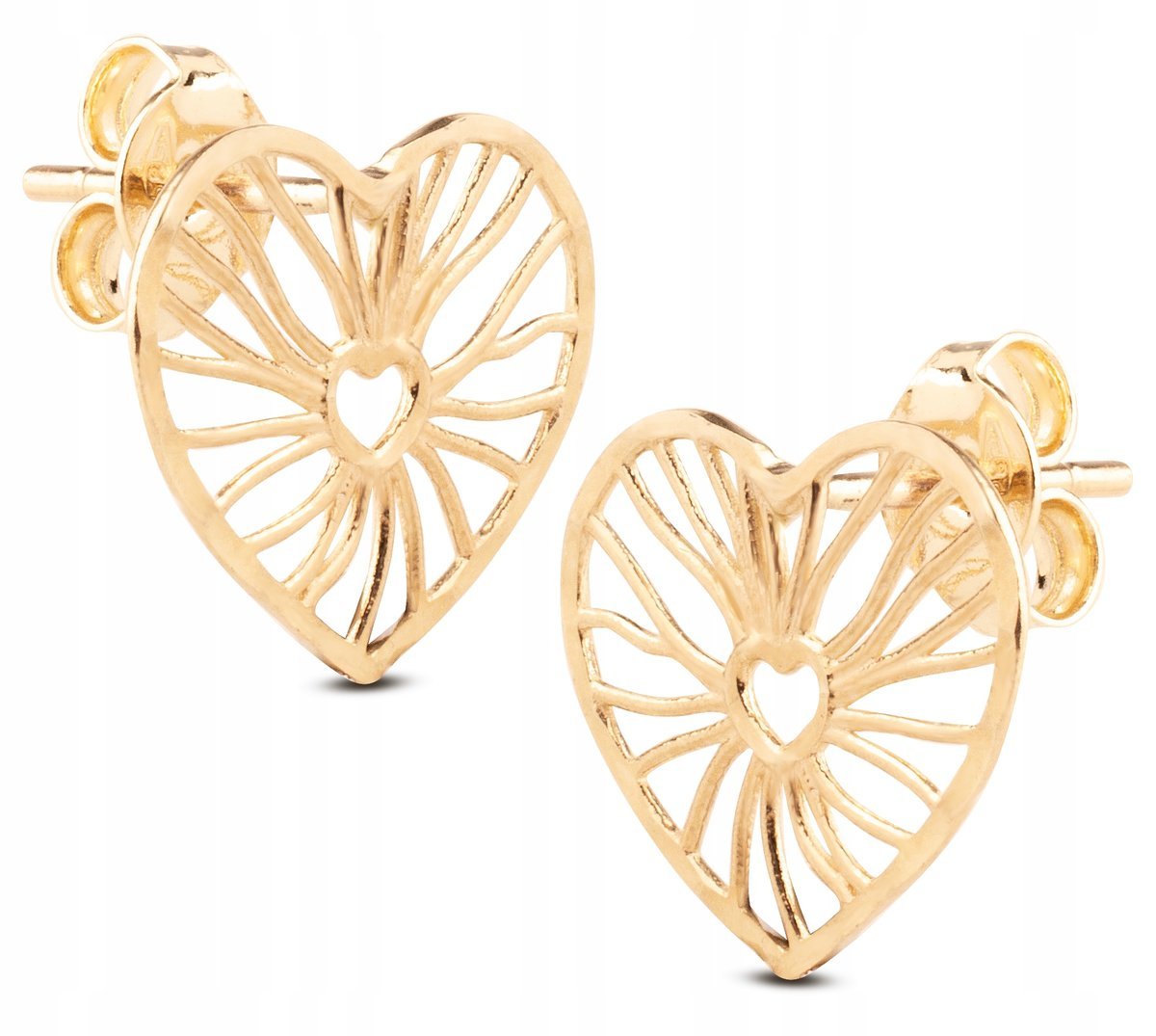 ZŁOTE KOLCZYKI NA SZTYFT AŻUROWE SERDUSZKA SERCA Z DIAMENTOWANIEM 14KT 585
