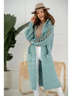 Swetry damskie - DŁUGI SWETER KARDIGAN Z KAPTUREM ALEXIS POLSKI PRODUCENT J&K PREMIUM - MIĘTOWY - ETNEE - miniaturka - grafika 1