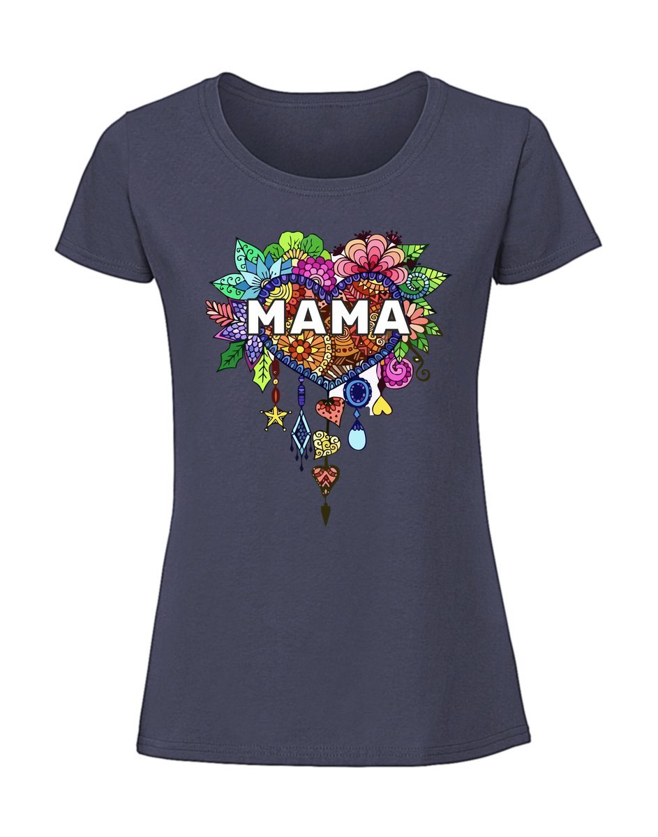 Damska koszulka z nadrukiem - MAMA SERCE KWIATY Granatowy XL