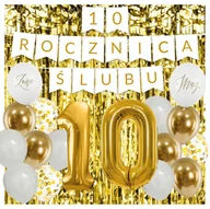 Balony i akcesoria - Zestaw balonów na 10 ROCZNICĘ ŚLUBU - baner i złote GIGA cyfry balony mąż żona - miniaturka - grafika 1