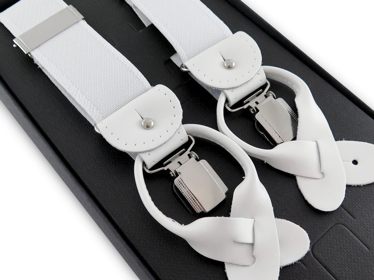 Długie białe szelki do spodni na guziki lub żabki z białymi skórkami GXL3