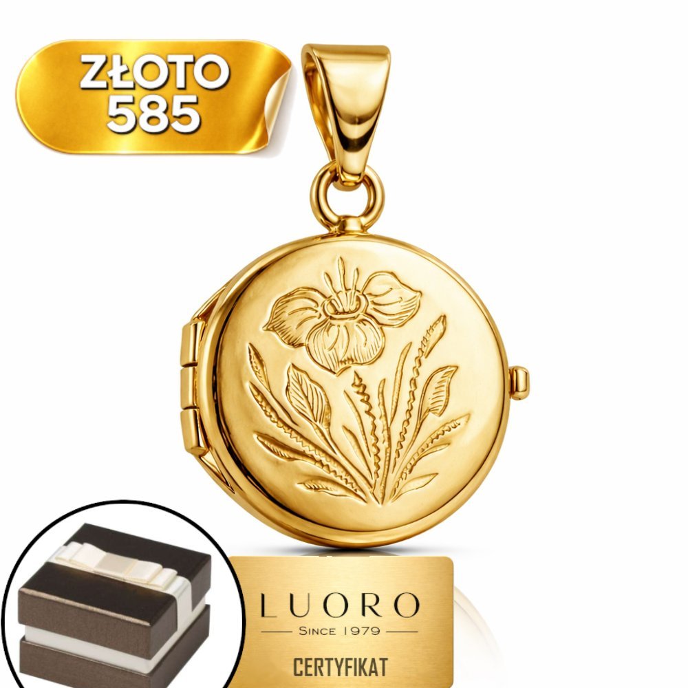 ZAWIESZKA ZŁOTA 585 14K PUZDERKO KÓŁKO GRAWER KWIATEK 25 MM ELEGANCKA