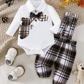 Dresy i komplety dla chłopców - TEMU Zestaw dla chłopca: Bluzka z nadrukiem misia, otwartym kołnierzykiem i muszką + Spodnie w kratę z regulowanymi szelkami, idealne na zewnątrz - miniaturka - grafika 1