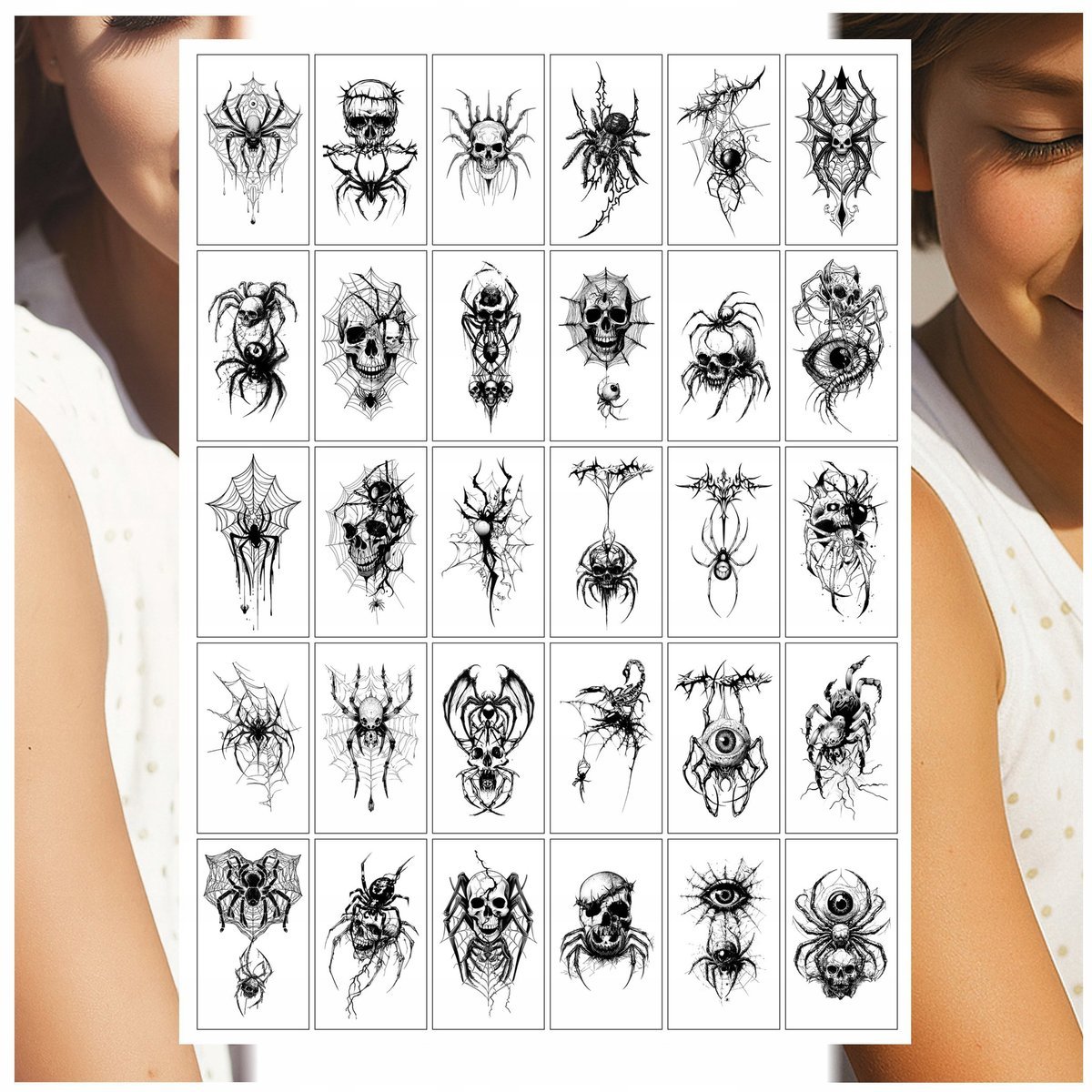 TATUAŻE ZMYWALNE DLA DZIECI PAJĄK PAJĄKI CZASZKI CZASZKA MIX 30 WZORÓW