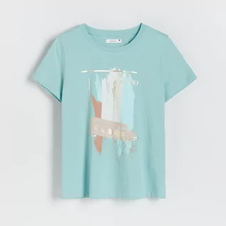 Koszulki i topy damskie - Reserved T-shirt regular z nadrukiem - Zielony - grafika 1