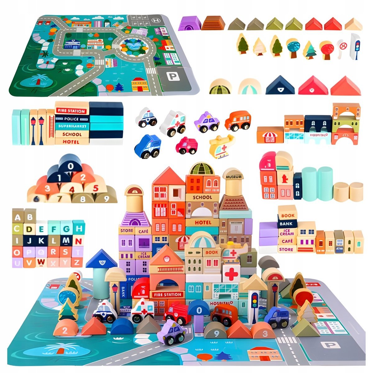 Klocki Drewniane Miasto Zestaw + Puzzle Mata 115 Elementów Kreatywna Zabawa
