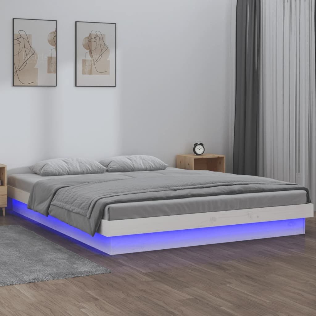 Łóżko z litego drewna z diodami LED białe 140x190 cm