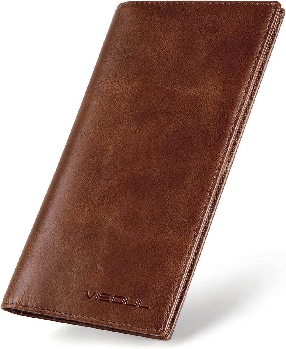 VISOUL Portfel Skórzany Vintage XXL Długi Męski RFID Ochrona Brązowy