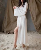 Szlafroki damskie - Satynowy szlafrok damski z długimi rękawami - Biały - miniaturka - grafika 1