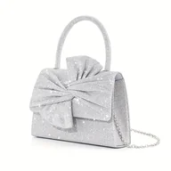Torebki damskie - TEMU bﾅＺszczﾄ�ca srebrna torebka z kokardkﾄ�, wielofunkcyjna do noszenia na ramiﾄ�, na i w rﾄ冖u. Odpowiednia na uroczystoﾅ嫩i, przyjﾄ冂ia, wesela, - miniaturka - grafika 1