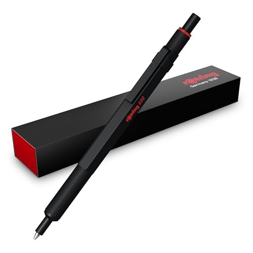 rOtring 600 Długopis żelowy 0,55 mm Czarny tusz Czarna metalowa obudowa Antypoślizgowy uchwyt radełkowany i sześciokątny korpus Z wymiennym wkładem