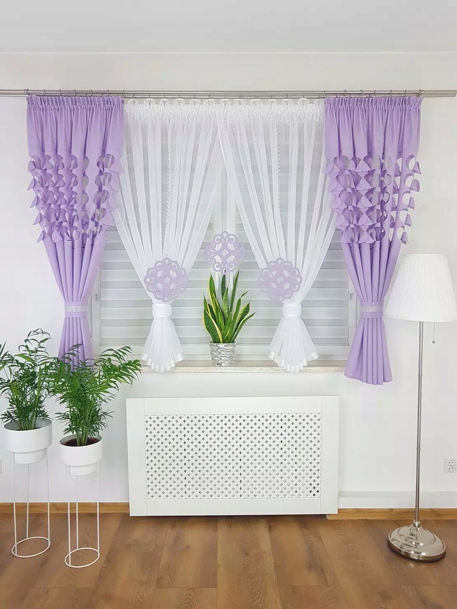 KOMPLET DEKORACYJNY ZASŁONKI WOAL FIOLET FIRANA DO SALONU NA TAŚMIE