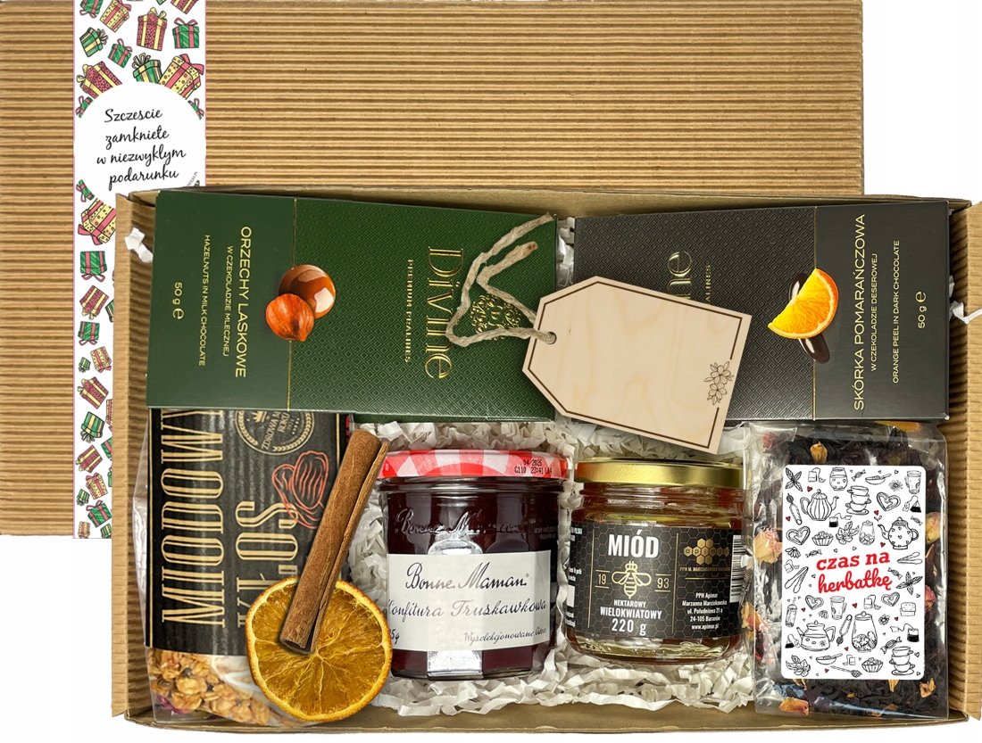 Duży zestaw prezentowy Herbata Słodycze Miód Konfitura upominek box