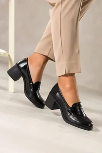 Czarne mokasyny skórzane damskie na szerokim klocku ozdobny pasek PRODUKT POLSKI Casu 2762 - Mokasyny damskie - miniaturka - grafika 1