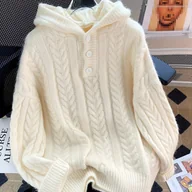 Swetry damskie - TEMU Elegancki Miękki Sweter Kardigan z Kapturem Zapinany na Guziki w Jednolitym Kolorze z Dzianiny Kablowej dla Kobiet, Kolekcja Jesień/ od - miniaturka - grafika 1