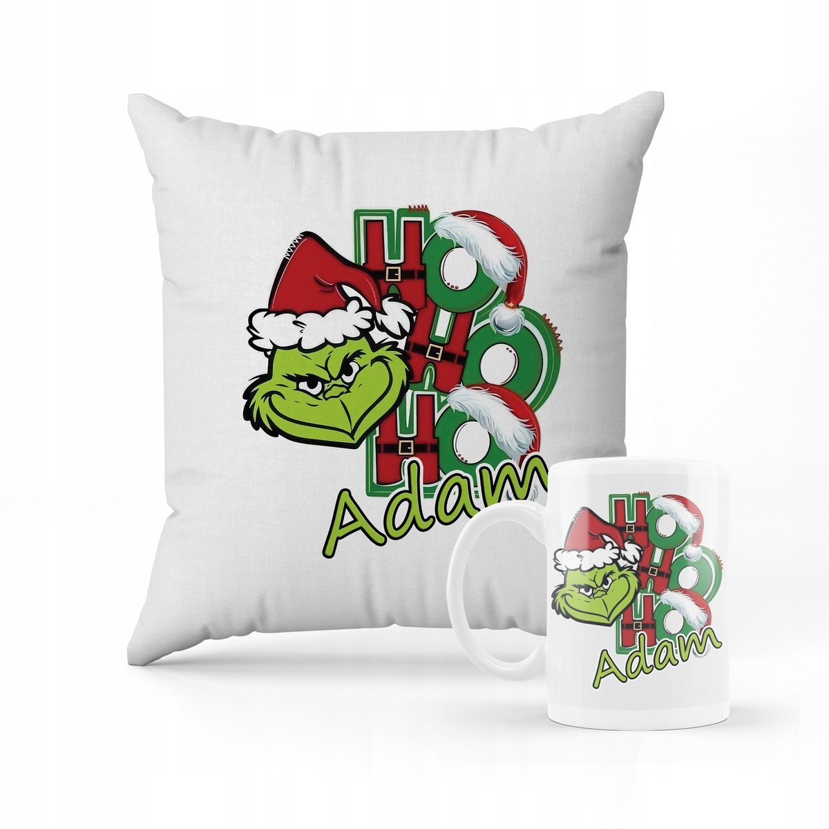 ZESTAW PODUSZKA + KUBEK Grinch święta + IMIĘ