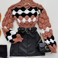 Swetry damskie - TEMU Elegancki, miękki sweter damski - bluzka z długim rękawem i okrągłym dekoltem w czerwono-białe paski, miękki, ciepły sweter zimowy na co dzień i - miniaturka - grafika 1