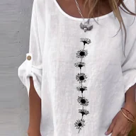 Koszule damskie - TEMU Elegancka biała bluzka damska z długim rękawem i czarnym kwiatowym nadrukiem - swobodna koszula z guzikami, okrągły dekolt, luźny krój na - miniaturka - grafika 1