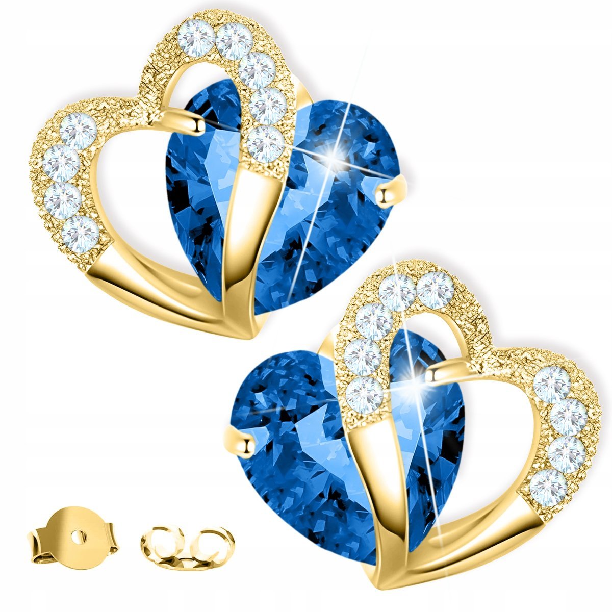 Złote Kolczyki z Niebieskim Sercem Niebieskie Serca Cyrkonie SREBRO 925