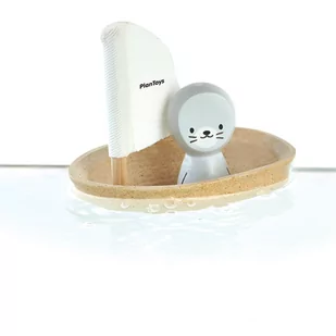 Plan Toys Drewniana żaglówka z foczką do kąpieli - zabawka z drewna żaglówka do wanny, 12m + PLTO-5710 - Zabawki do kąpieli - miniaturka - grafika 1