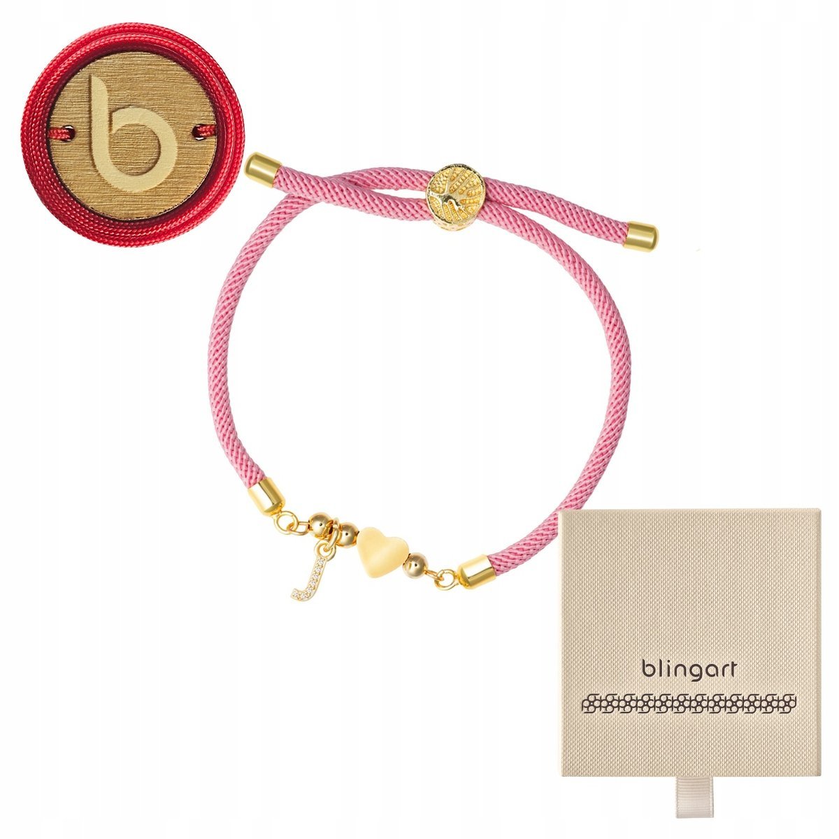 Bransoletka sznurkowa LITERKI serduszko RÓŻOWA regulowana LITERA J BLINGART
